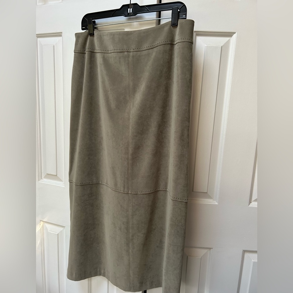 Norton McNaughton Olive Faux Suede Pencil Skirt, 3% spandex. Deep back kickpleat